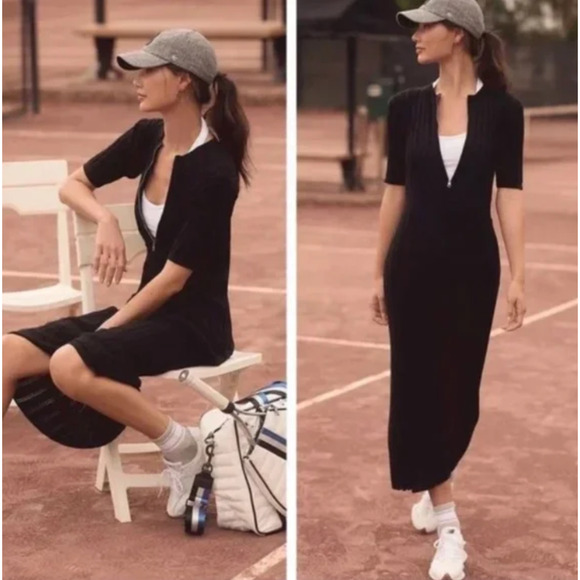 Varley Malia Black Knit Midi Sweater Dress Small Ribbed Bodycon 3/4 Sleeve NWT - Picture 1 of 7
